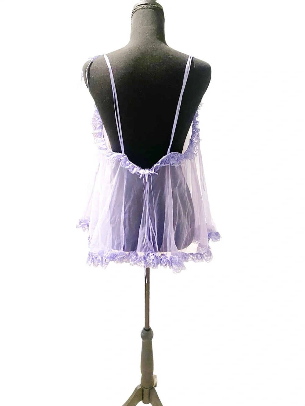 Vintage Sheer Lavender Ruffled Babydoll Camisole With Lace, Ribbons, Small - Picture 2 of 7